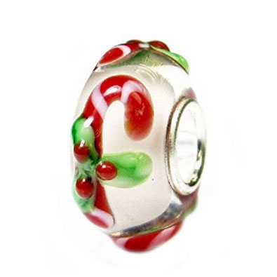 A round glass bead with Christmas Candy Cane and holly leaves