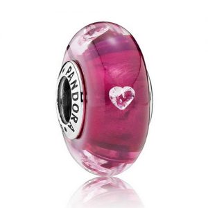 Pandora Glass Charms: Pandora Cerise Murano Glass Charm featuring White Hearts