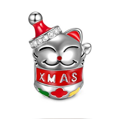 Xmas Cat Charm in Silver and coloured enamel